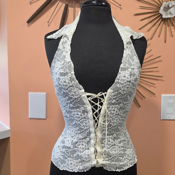 Vintage Tops - Vintage 90s Lucent Small Cream Lace Halter Top Corset Lace Up Coquette Girlie